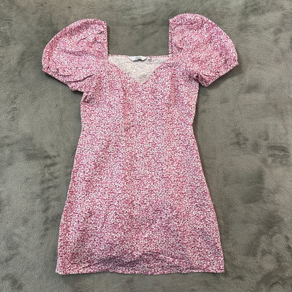& Other Stories Pink Linen Blend Puff Sleeve Dress Women's 8 Floral Sweetheart